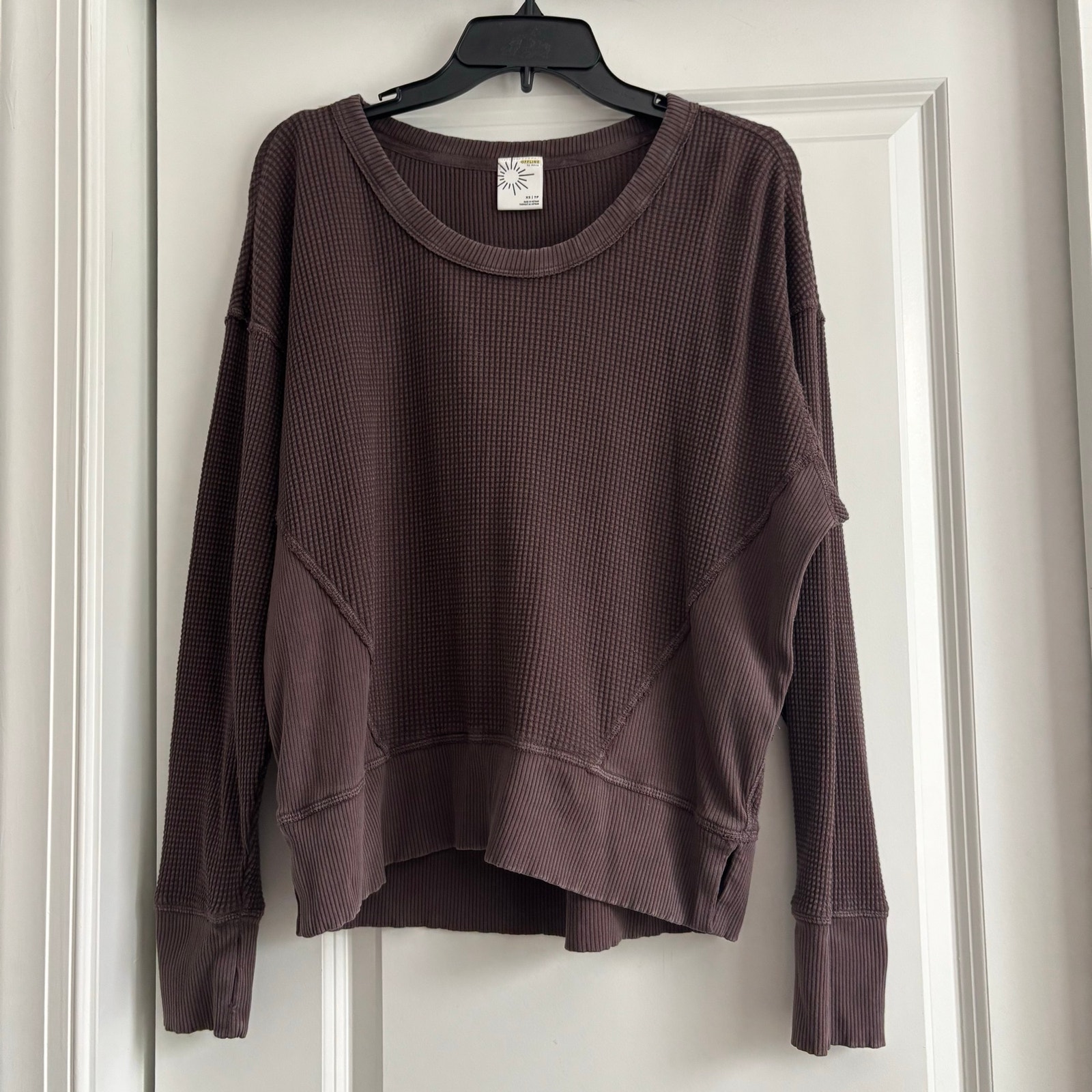 Aerie Waffle Knit Oversized Crewneck Sweatshirt Brown Xs Lounge Travel